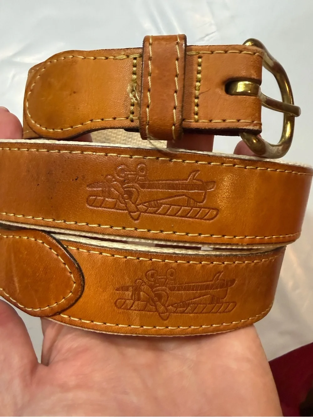 Skippers AIRPLANE BELT Brown leather Canvas Military Aviation Brass Buckle Sz 40